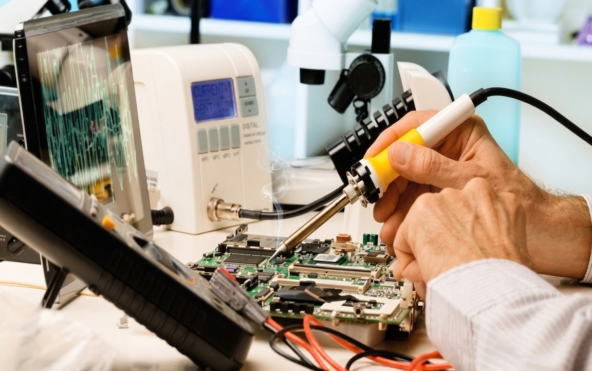 Técnico realizando mantenimiento biomédico