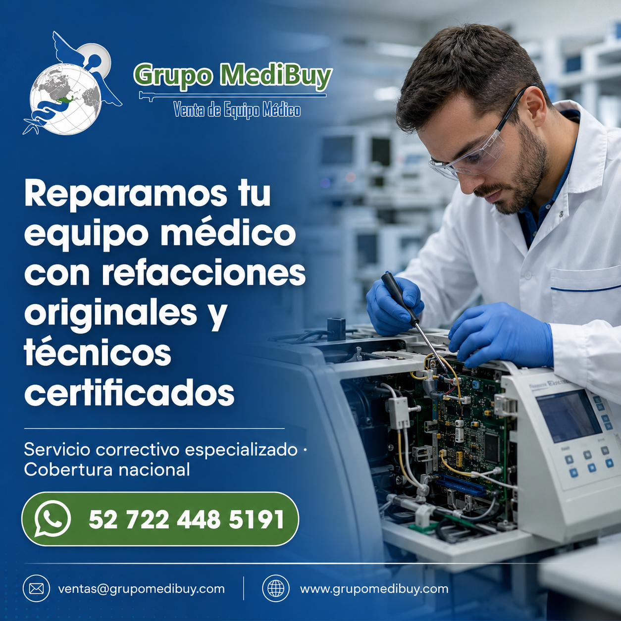 Técnico realizando mantenimiento correctivo a equipo médico